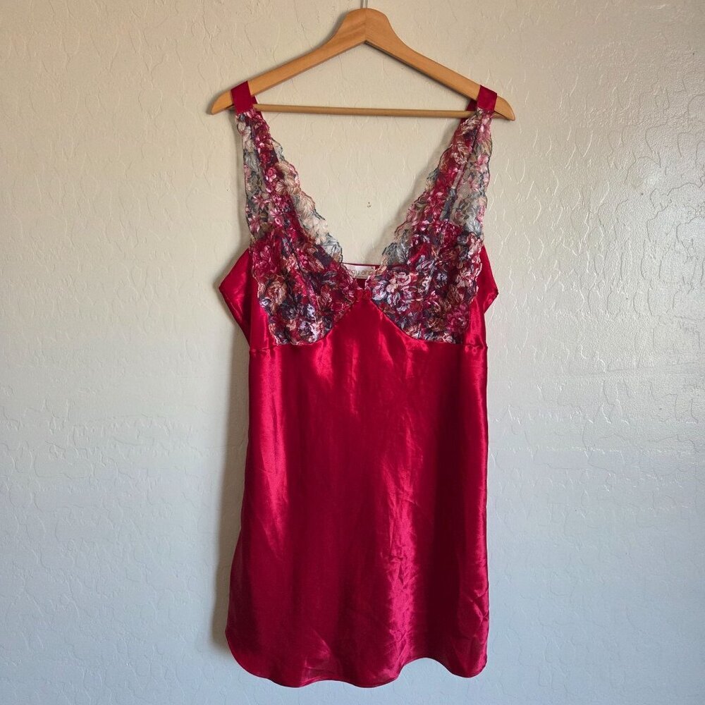 Wendy Ann Vintage 90s Satin Red/Green Floral Lace Mini Slip Dress Nightie Size L